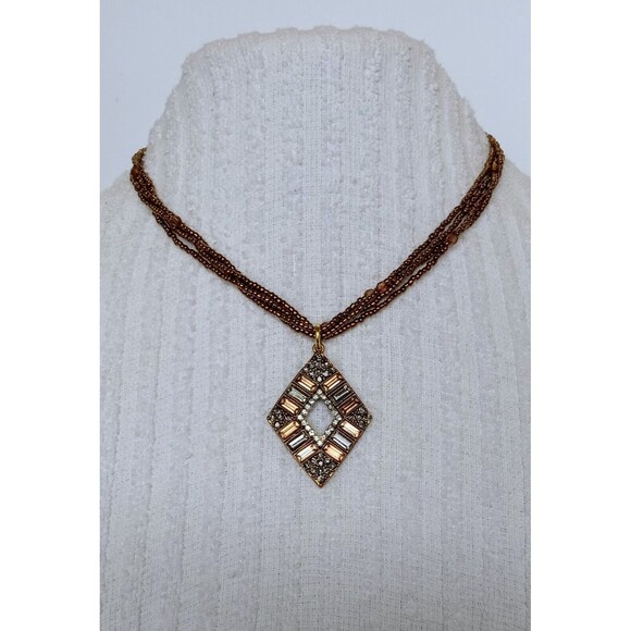 Boho Chic Handcrafted Rhinestone Pendant Metallic Seed Bead Necklace  17-19.5 in - Picture 2 of 6